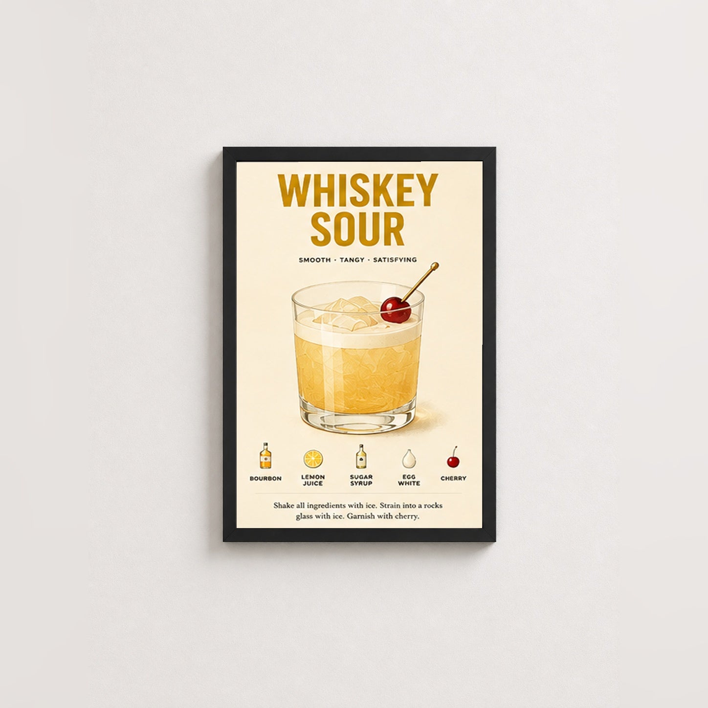 Whiskey Sour Tarifi – Vintage Çerçeveli Poster — Siyah — Paspartusuz — TabloLab