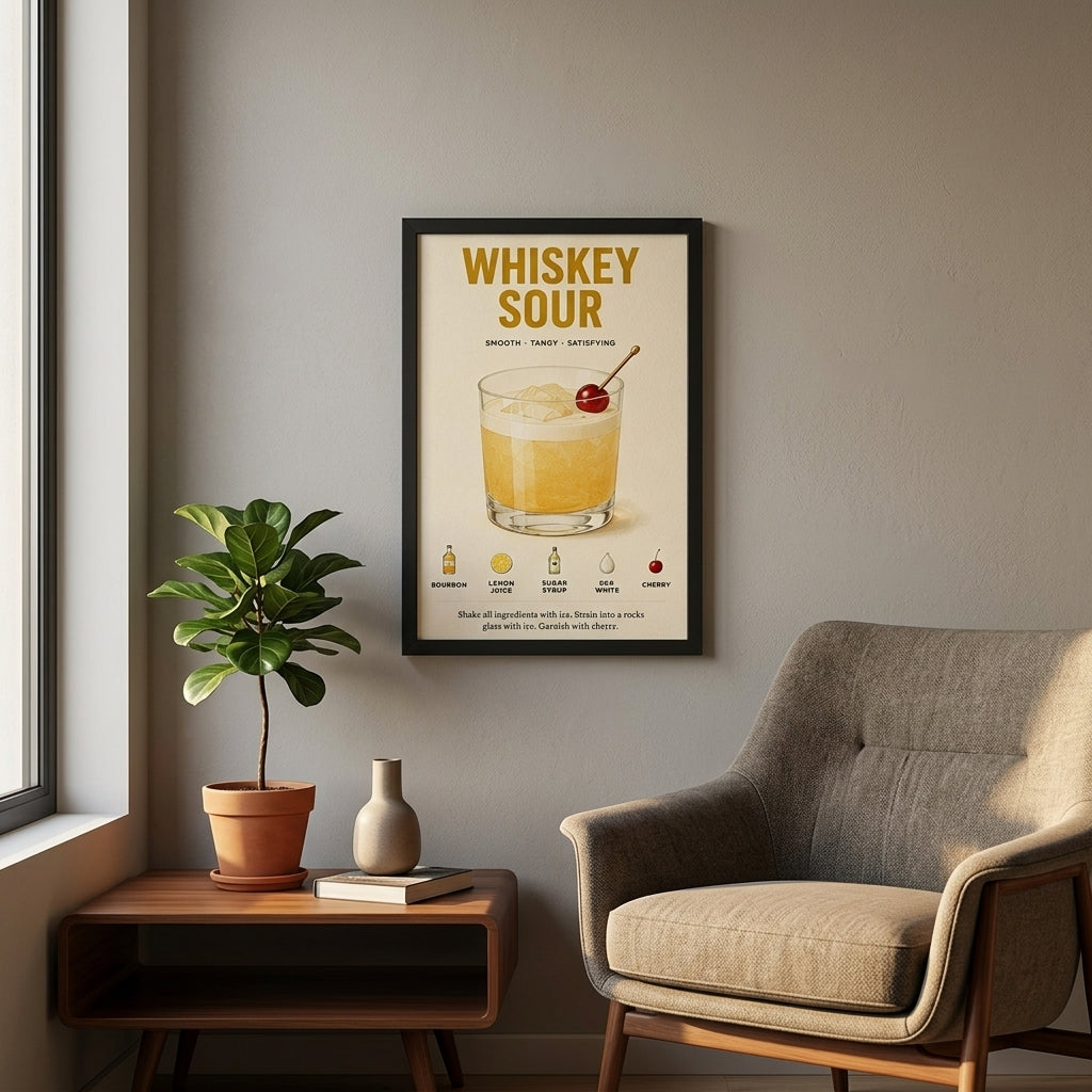 Whiskey Sour Tarifi – Vintage Çerçeveli Poster — Siyah — Paspartusuz — TabloLab