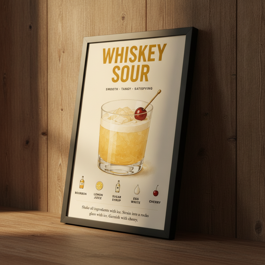 Whiskey Sour Tarifi – Vintage Çerçeveli Poster — Siyah — Paspartusuz — TabloLab