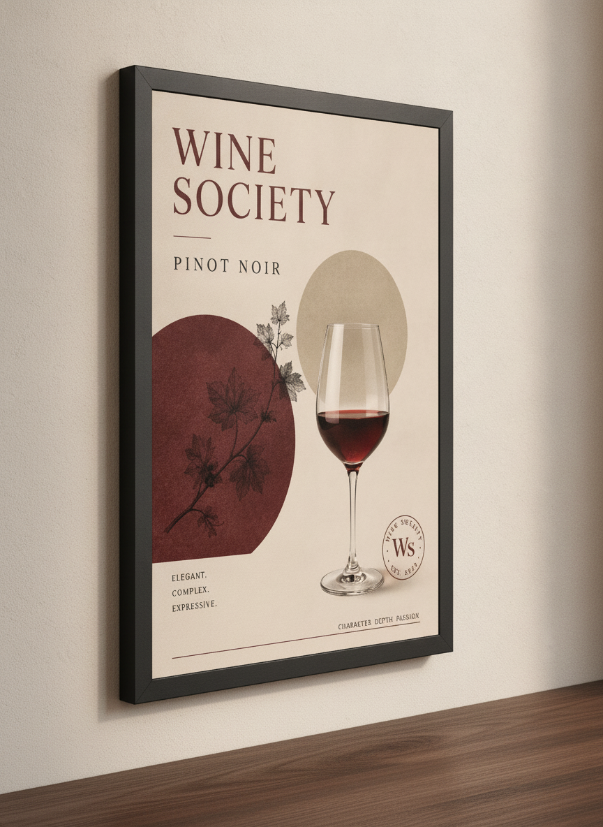 Wine Society Pinot Noir – Modern Çerçeveli Poster — Siyah Çerçeve — TabloLab
