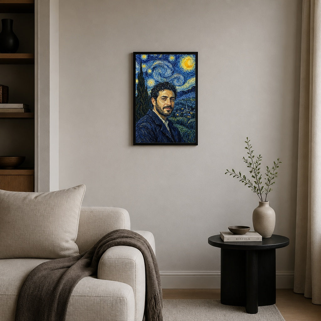 Yıldızlı Gece Portresi — Oda görünümü; tasarım gerçek çerçeve sahnesine yerleştirilmiştir