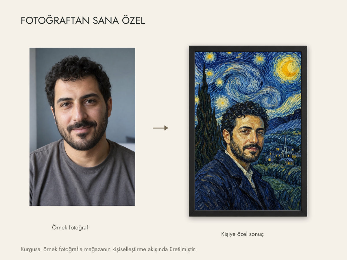 Kurgusal örnek fotoğraf ve aynı fotoğrafın canlı kişiselleştirme sonucu; müşteri fotoğrafı değildir